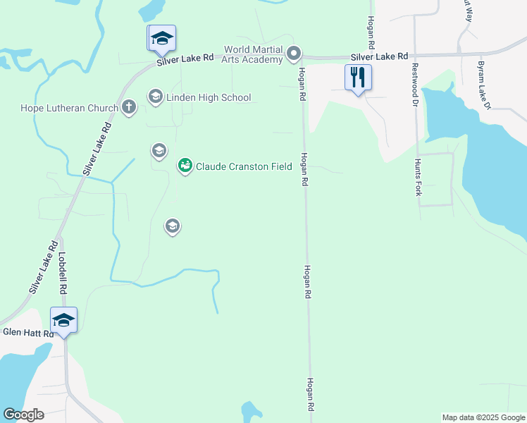 map of restaurants, bars, coffee shops, grocery stores, and more near 15236 Hogan Road in Linden
