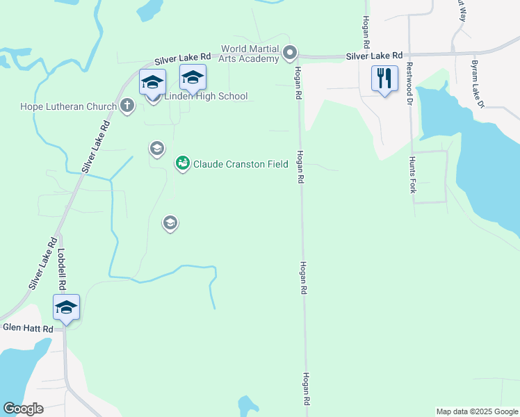 map of restaurants, bars, coffee shops, grocery stores, and more near 15236 Hogan Road in Linden