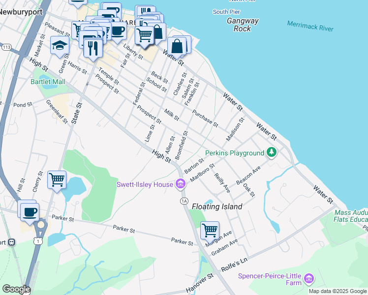 map of restaurants, bars, coffee shops, grocery stores, and more near 1 Bromfield Court in Newburyport