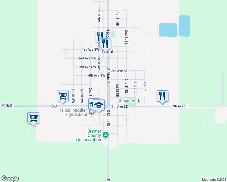 map of restaurants, bars, coffee shops, grocery stores, and more near 105 5th Ave SE in Tripoli