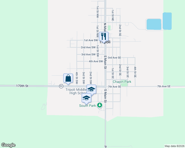 map of restaurants, bars, coffee shops, grocery stores, and more near 607 2nd Street Southwest in Tripoli