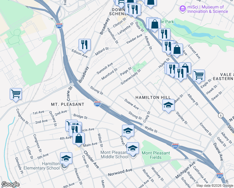 map of restaurants, bars, coffee shops, grocery stores, and more near 478 Hulett Street in Schenectady