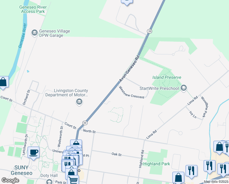 map of restaurants, bars, coffee shops, grocery stores, and more near 84 Avon Geneseo Road in Geneseo