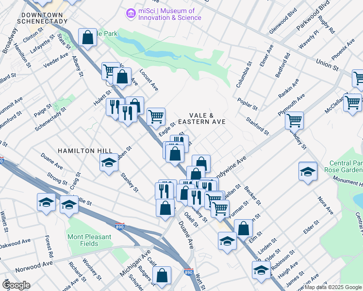 map of restaurants, bars, coffee shops, grocery stores, and more near 18 Swan St in Schenectady