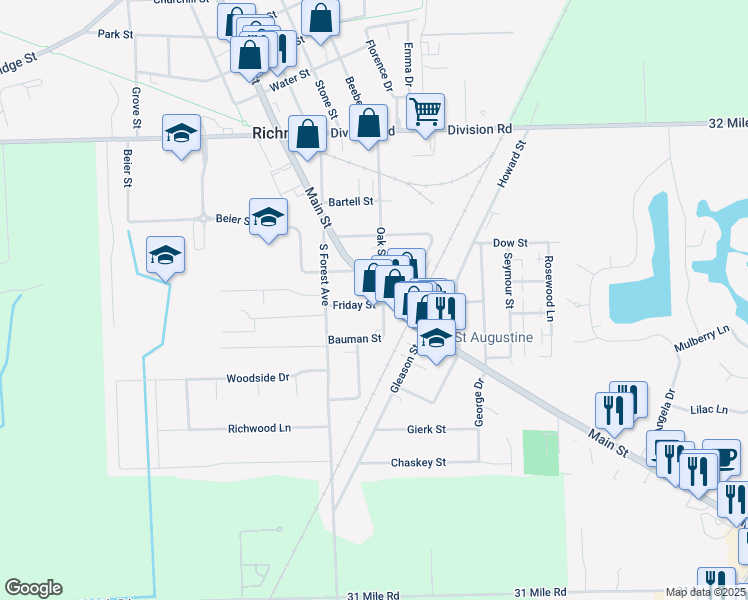 map of restaurants, bars, coffee shops, grocery stores, and more near 68365 Main Street in Richmond