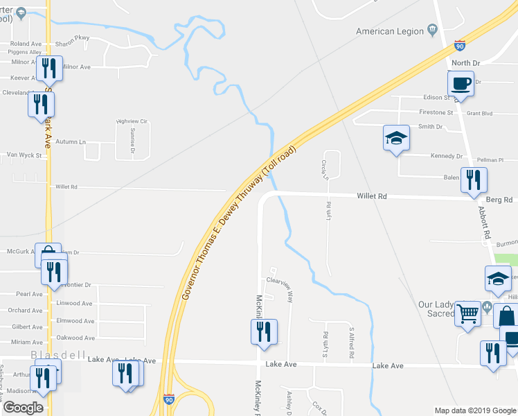 map of restaurants, bars, coffee shops, grocery stores, and more near 550 McKinley Parkway in Buffalo