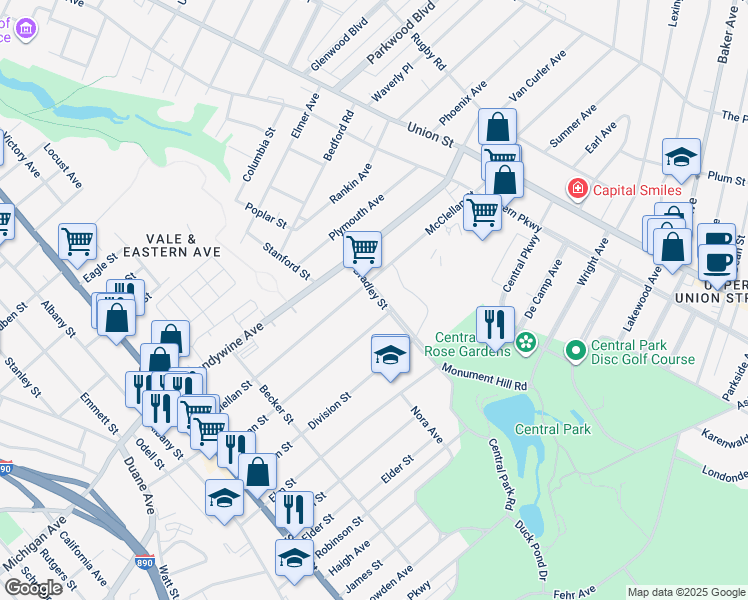 map of restaurants, bars, coffee shops, grocery stores, and more near 1568 Bradley Street in Schenectady