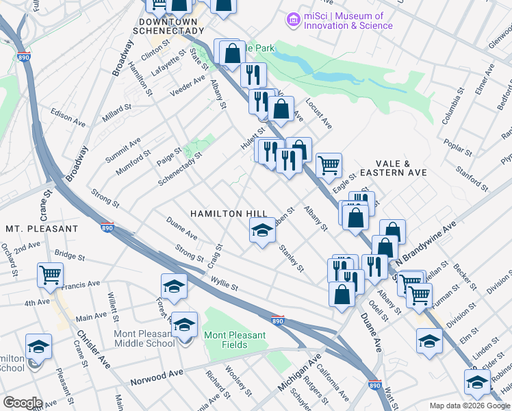 map of restaurants, bars, coffee shops, grocery stores, and more near 806 Stanley Street in Schenectady