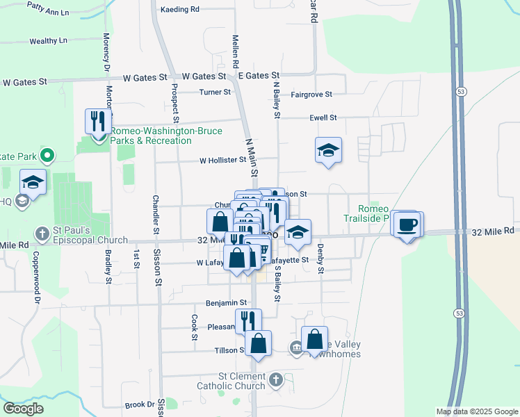 map of restaurants, bars, coffee shops, grocery stores, and more near 246 North Main Street in Romeo