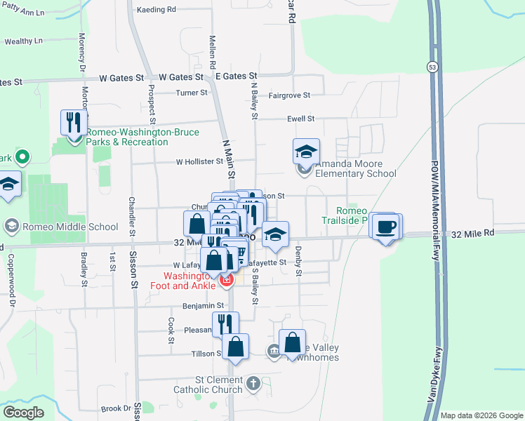 map of restaurants, bars, coffee shops, grocery stores, and more near 246 North Bailey Street in Romeo