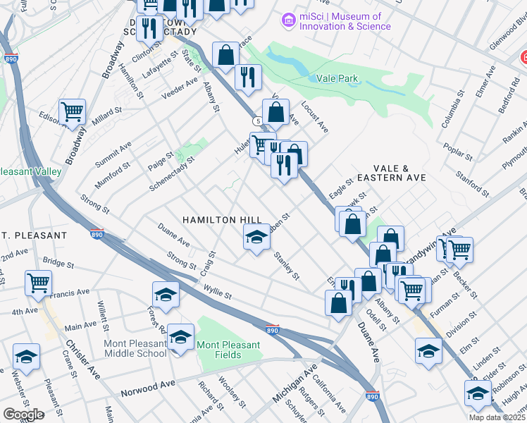 map of restaurants, bars, coffee shops, grocery stores, and more near 852 Emmett Street in Schenectady