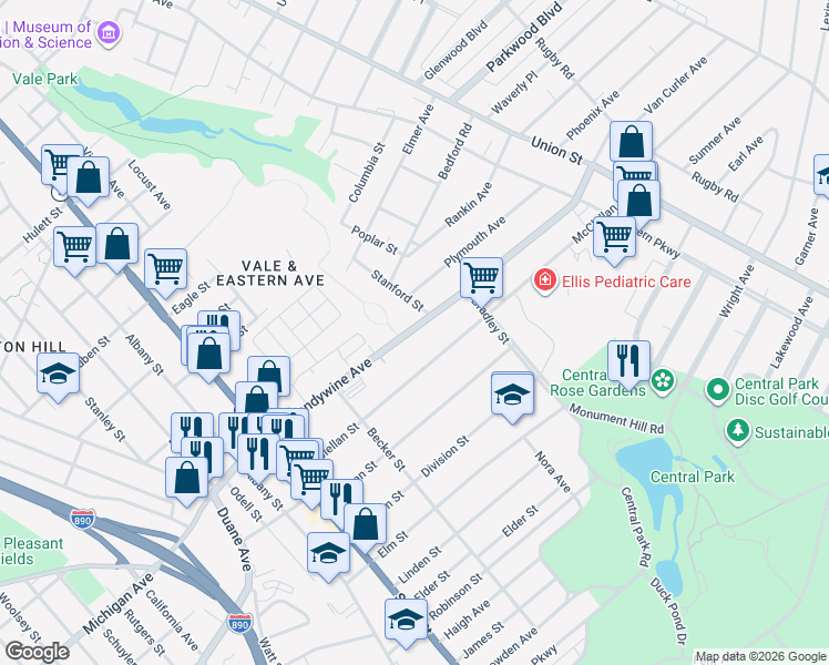 map of restaurants, bars, coffee shops, grocery stores, and more near 320 North Brandywine Avenue in Schenectady