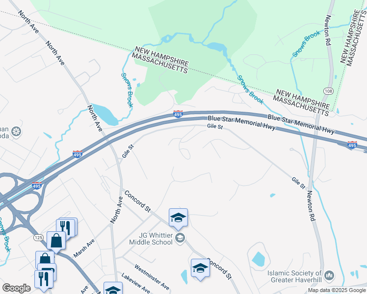 map of restaurants, bars, coffee shops, grocery stores, and more near 71 Woodland Park Drive in Haverhill