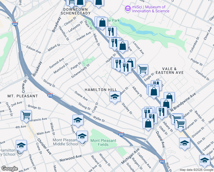 map of restaurants, bars, coffee shops, grocery stores, and more near 806 Stanley Street in Schenectady