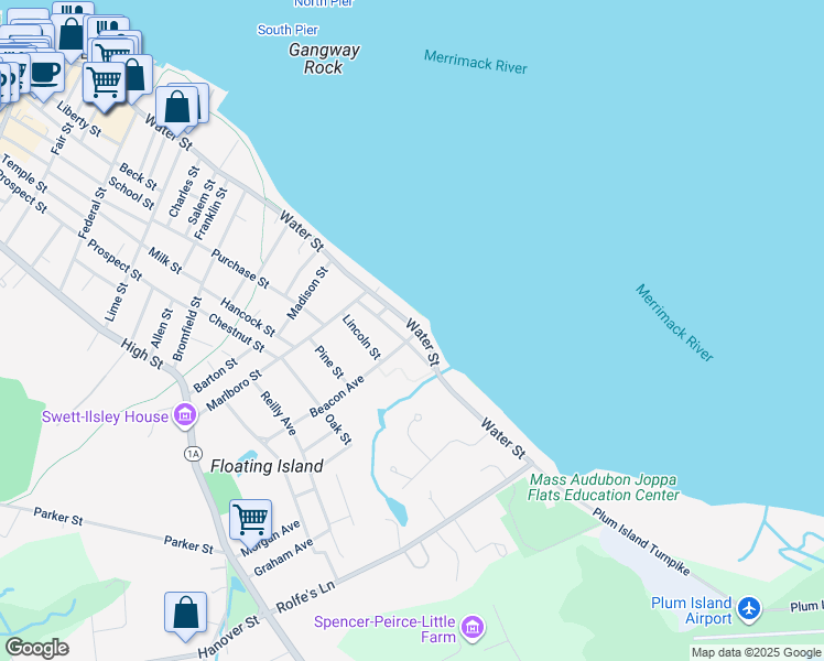 map of restaurants, bars, coffee shops, grocery stores, and more near 267 Water Street in Newburyport