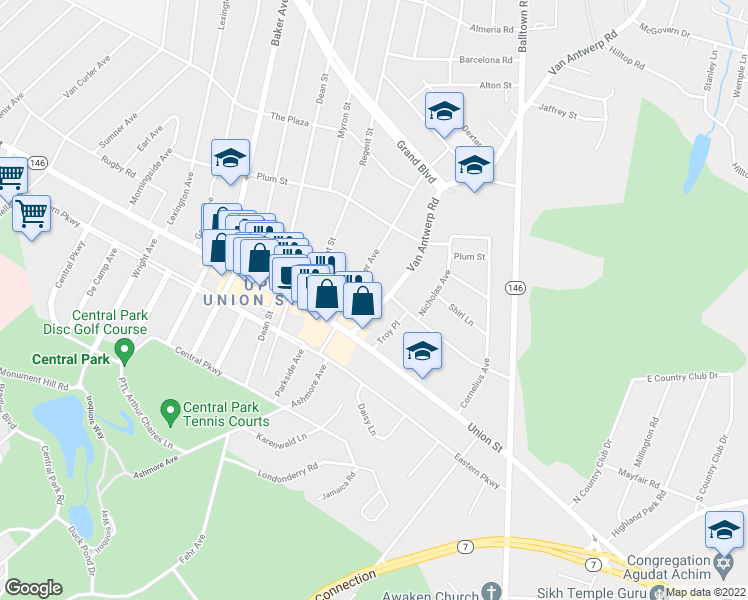 map of restaurants, bars, coffee shops, grocery stores, and more near 1037 Van Antwerp Road in Schenectady County