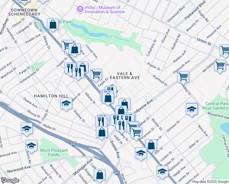map of restaurants, bars, coffee shops, grocery stores, and more near 18 Swan Street in Schenectady