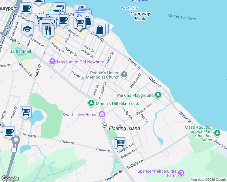 map of restaurants, bars, coffee shops, grocery stores, and more near 22 Chestnut Street in Newburyport