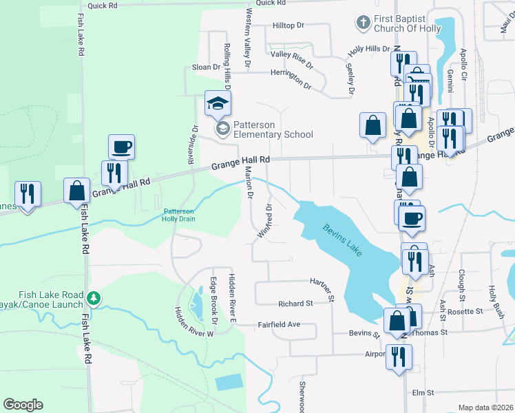 map of restaurants, bars, coffee shops, grocery stores, and more near 1014 Marion Dr in Holly