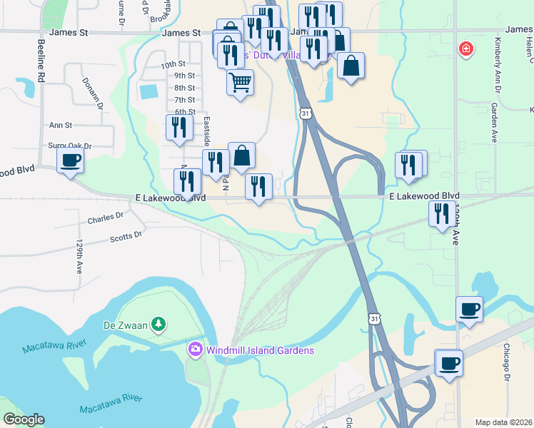 map of restaurants, bars, coffee shops, grocery stores, and more near 454 Baypark Drive in Holland