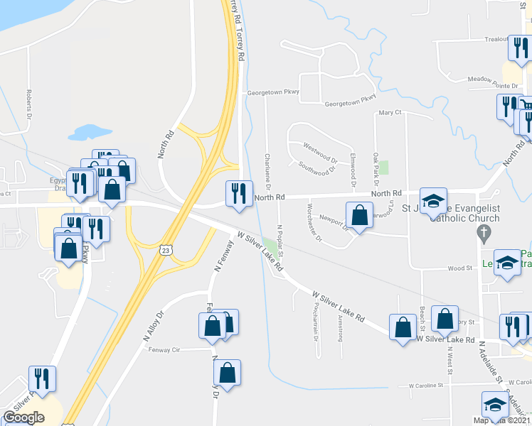 map of restaurants, bars, coffee shops, grocery stores, and more near 1121 North Poplar Street in Fenton