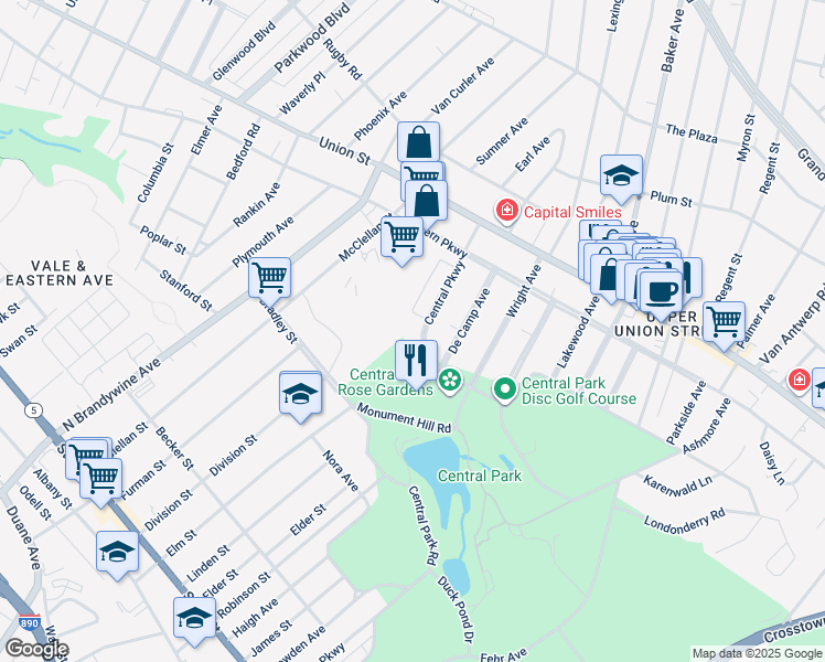 map of restaurants, bars, coffee shops, grocery stores, and more near 767 Central Parkway in Schenectady