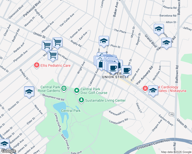 map of restaurants, bars, coffee shops, grocery stores, and more near 1906 Eastern Parkway in Schenectady