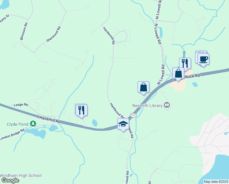 map of restaurants, bars, coffee shops, grocery stores, and more near 10 Hardwood Road in Windham