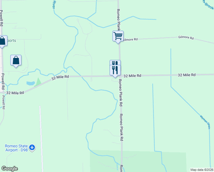 map of restaurants, bars, coffee shops, grocery stores, and more near 16350 32 Mile Road in Ray