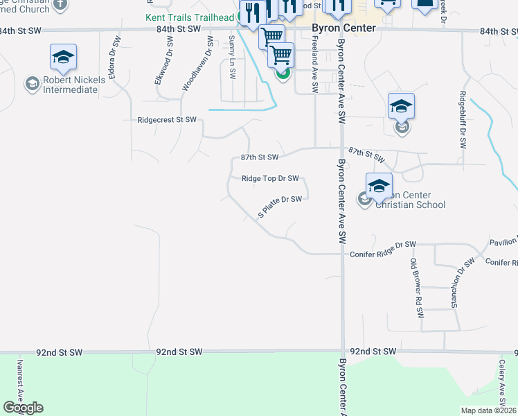 map of restaurants, bars, coffee shops, grocery stores, and more near 2611 S Platte Drive Southwest in Byron Center