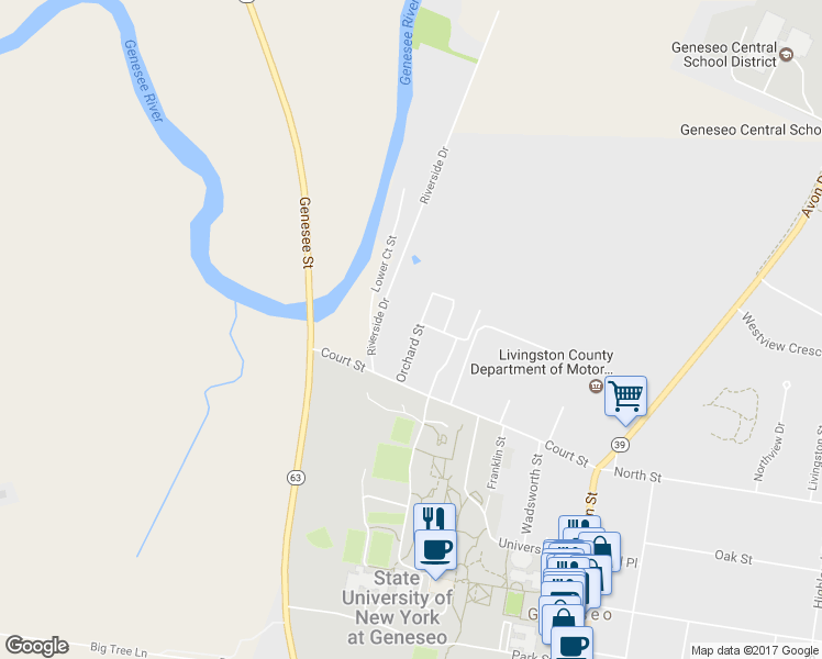 map of restaurants, bars, coffee shops, grocery stores, and more near 25 Orchard Street in Geneseo