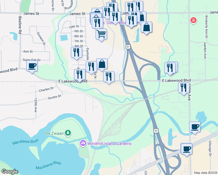 map of restaurants, bars, coffee shops, grocery stores, and more near 454 Baypark Drive in Holland