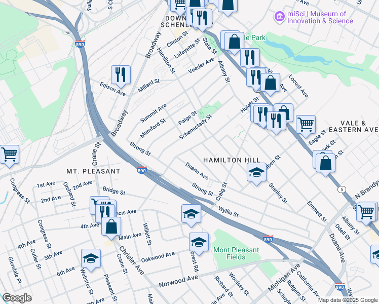 map of restaurants, bars, coffee shops, grocery stores, and more near 445 Hulett Street in Schenectady