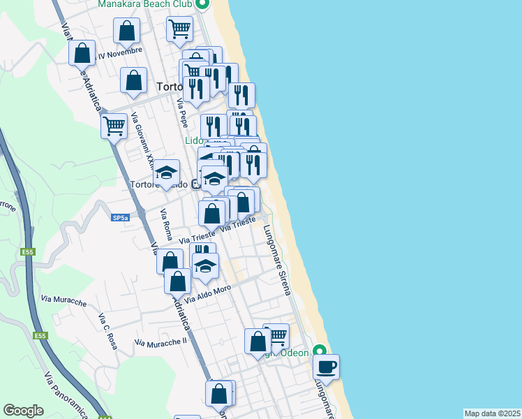 map of restaurants, bars, coffee shops, grocery stores, and more near 234 Lungomare Sirena in Tortoreto Lido