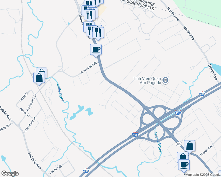 map of restaurants, bars, coffee shops, grocery stores, and more near 6 Meadow Lane in Haverhill
