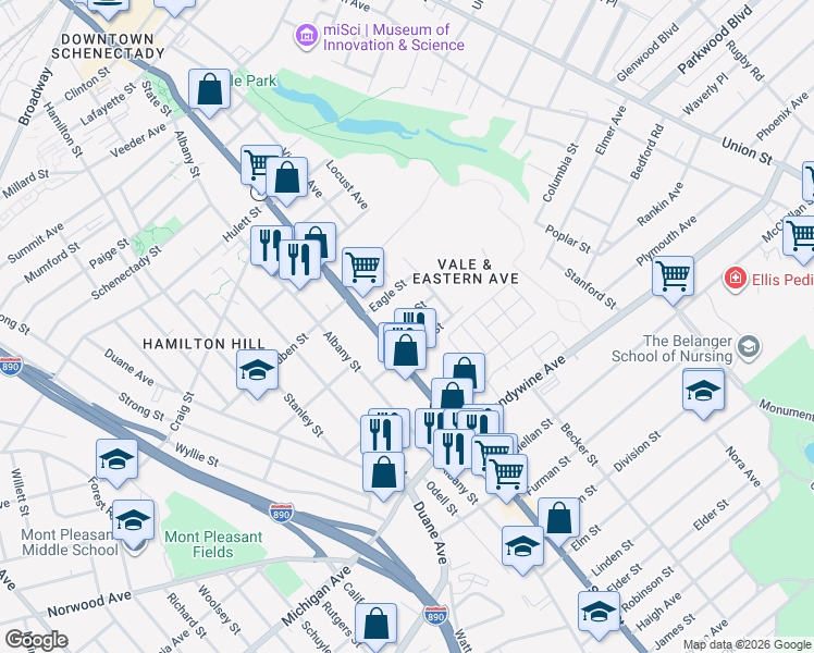 map of restaurants, bars, coffee shops, grocery stores, and more near 18 Swan Street in Schenectady