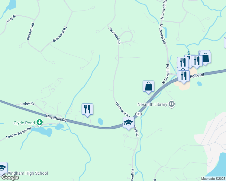 map of restaurants, bars, coffee shops, grocery stores, and more near 10 Hardwood Road in Windham