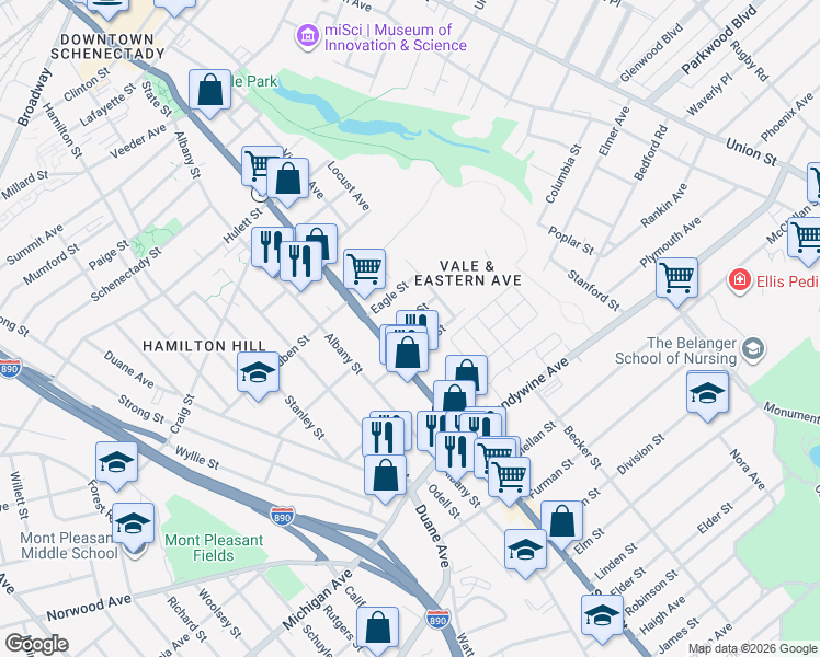 map of restaurants, bars, coffee shops, grocery stores, and more near 18 Swan Street in Schenectady