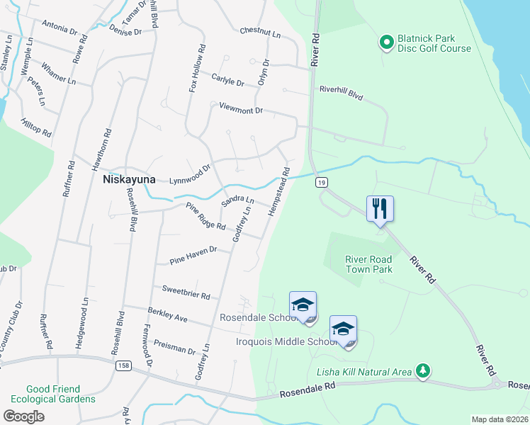 map of restaurants, bars, coffee shops, grocery stores, and more near 1233 Hempstead Road in Schenectady County