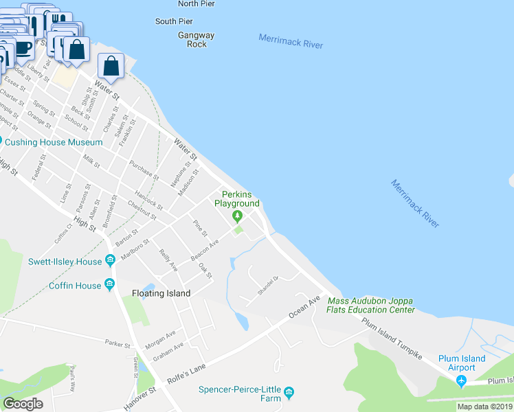 map of restaurants, bars, coffee shops, grocery stores, and more near 267 Water Street in Newburyport