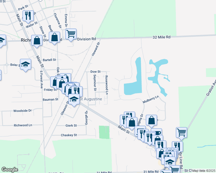map of restaurants, bars, coffee shops, grocery stores, and more near 68260 Rosewood Lane in Richmond
