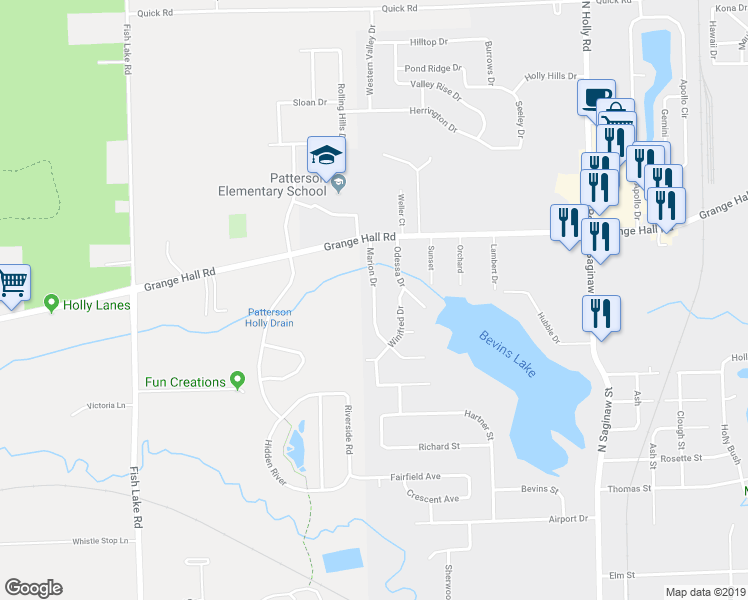map of restaurants, bars, coffee shops, grocery stores, and more near 1015 Marion Drive in Holly