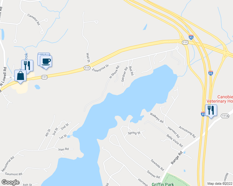 map of restaurants, bars, coffee shops, grocery stores, and more near 11 Beech Street in Windham