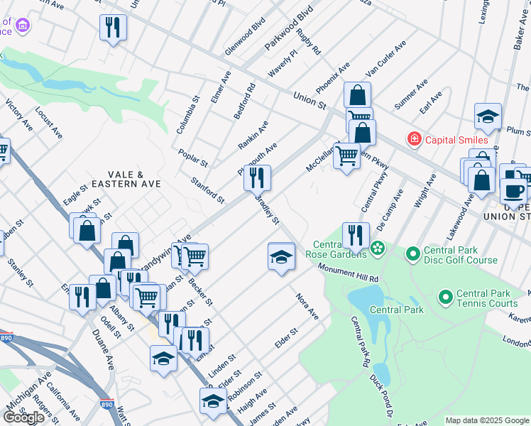 map of restaurants, bars, coffee shops, grocery stores, and more near 1568 Bradley Street in Schenectady