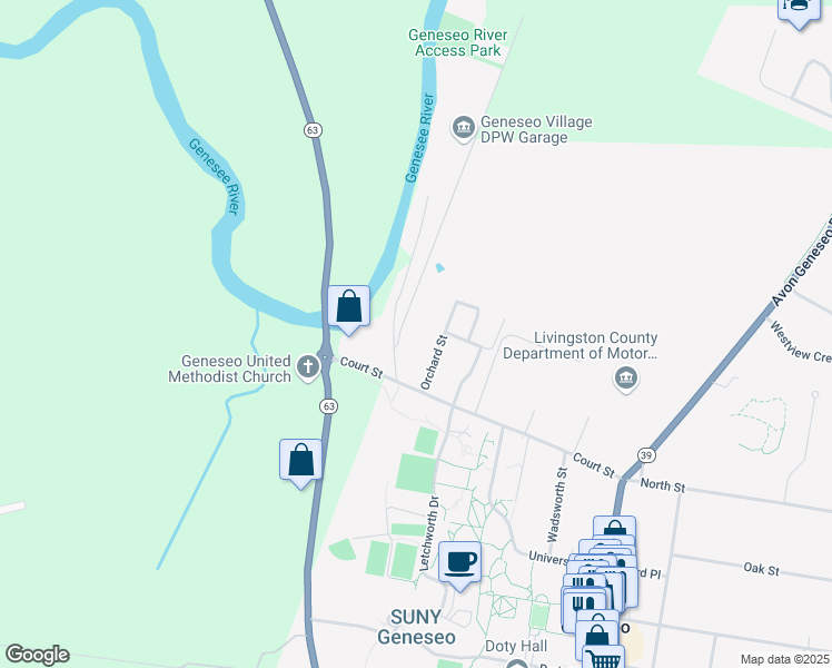 map of restaurants, bars, coffee shops, grocery stores, and more near 112 Riverside Drive in Geneseo