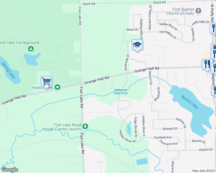 map of restaurants, bars, coffee shops, grocery stores, and more near 3080 Grange Hall Road in Holly