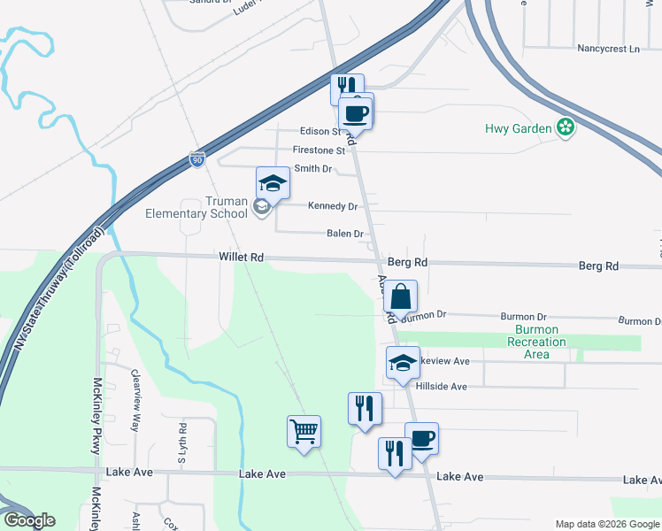 map of restaurants, bars, coffee shops, grocery stores, and more near 773 Willet Road in Orchard Park