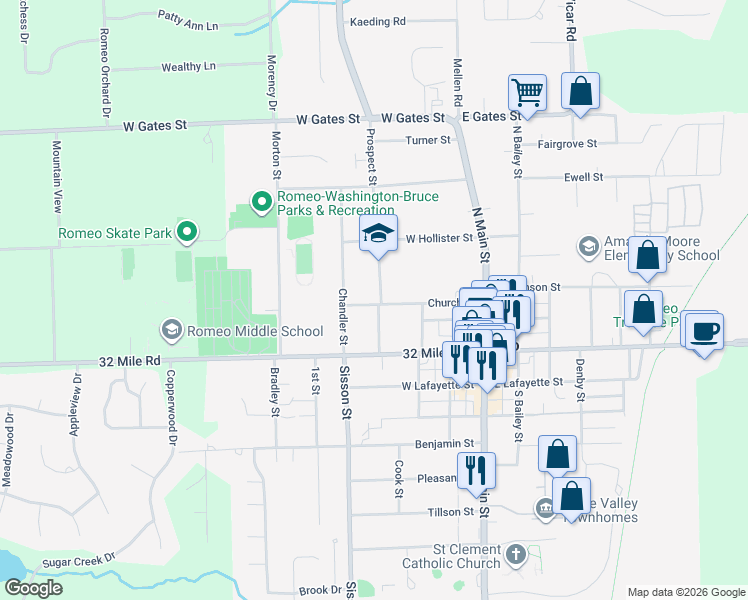map of restaurants, bars, coffee shops, grocery stores, and more near 213 Church Street in Romeo