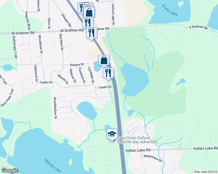 map of restaurants, bars, coffee shops, grocery stores, and more near 301 Moon Road in Oxford