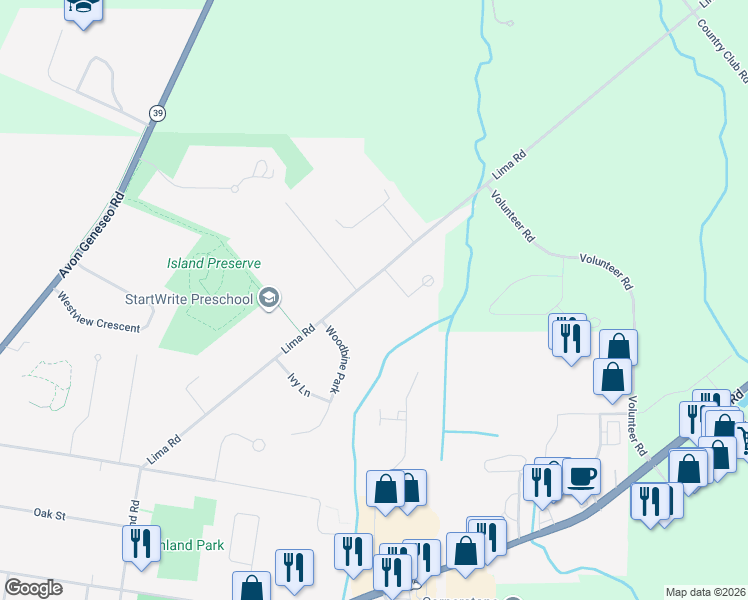 map of restaurants, bars, coffee shops, grocery stores, and more near 254 Lima Road in Geneseo